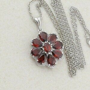 Sterling Silver Garnet Flower Necklace 20 inch Chain